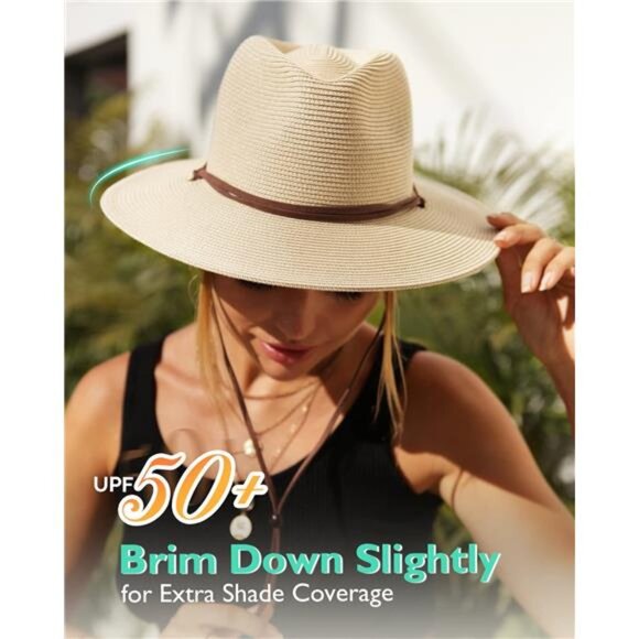 Womens Summer Straw Sun Hats Wide Brim Panama Fedora Beach Hat with Wind Lanyard - Picture 3 of 7